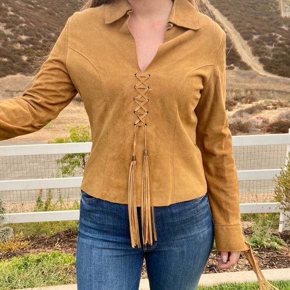 Vintage Paolo Santini 100% Suede Leather Lace Up Bohemian Long Sleeve Top - Picture 6 of 15